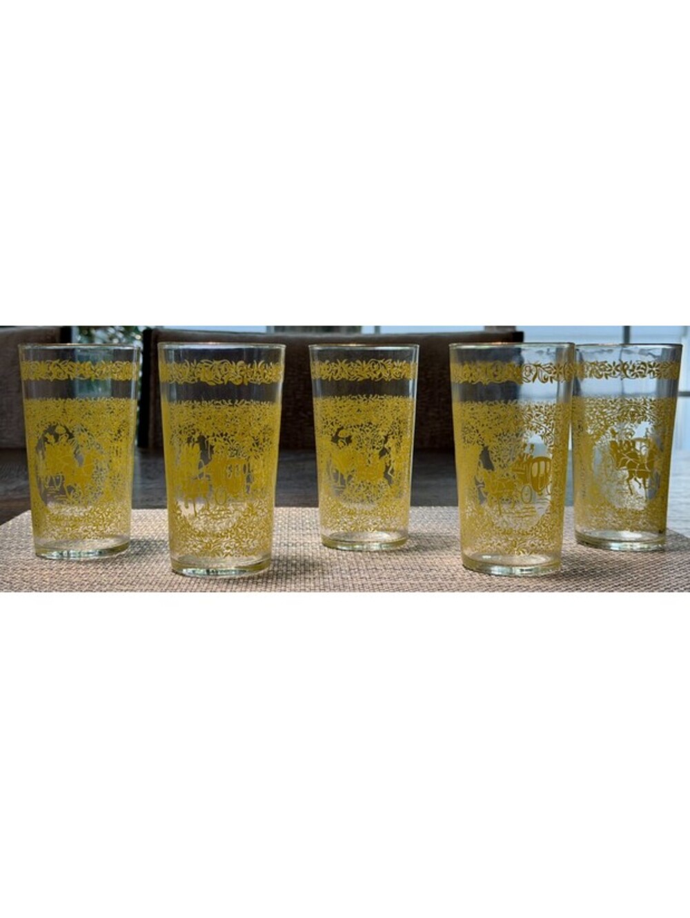 Vintage Mid-Century Hazel Atlas "Monticello" Yellow Horse/Carriage Tumblers (5)